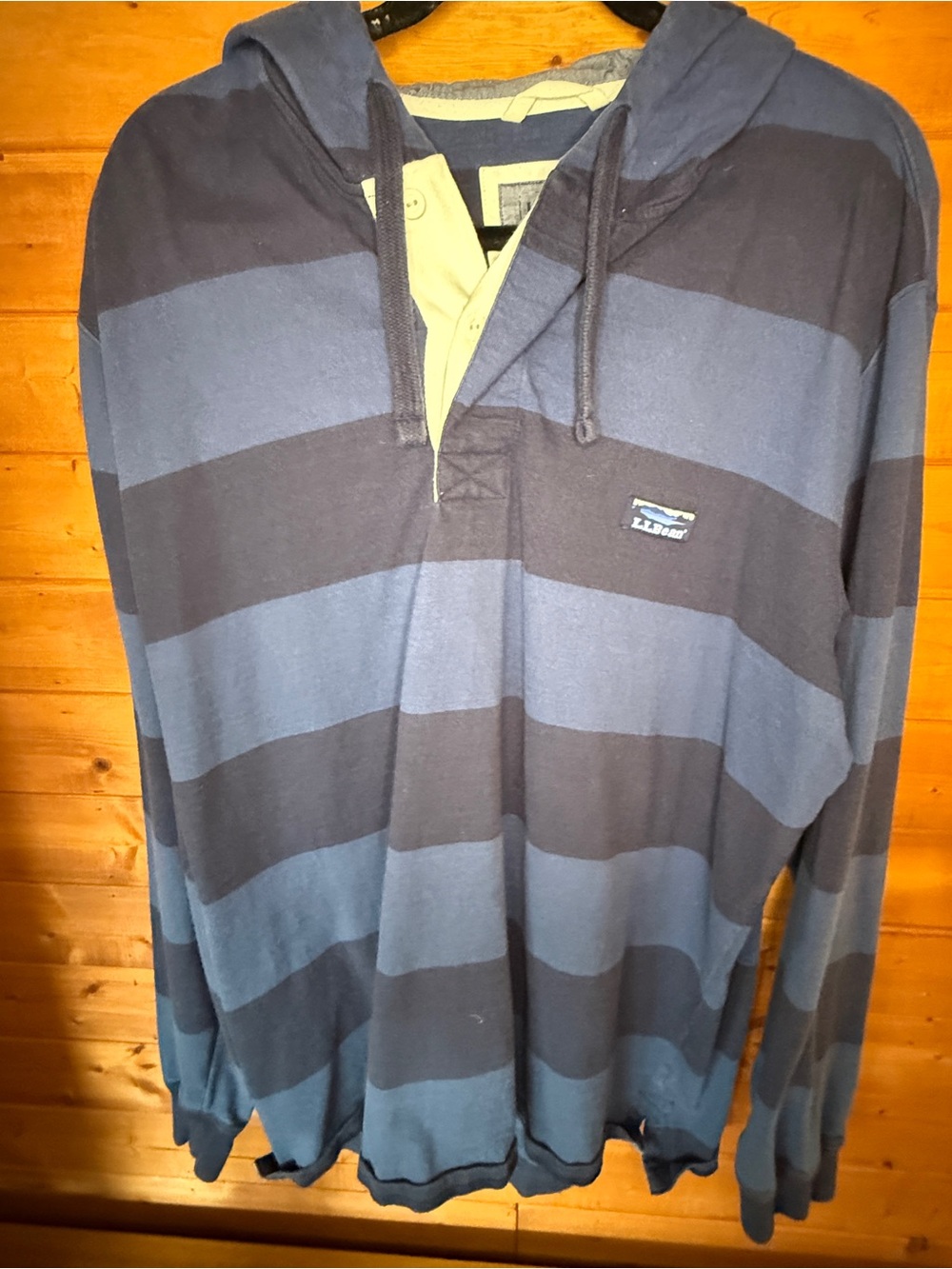 L.L. Bean Katahdin Logo Striped Rugby Hoodie Men’s XL Reg Blue Cotton Pullover